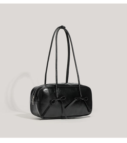 Black Chic PU Leather Baguette Shoulder Bag - Elegant Bow Accent Underarm Handbag for Women V888-ELOSUNG27654