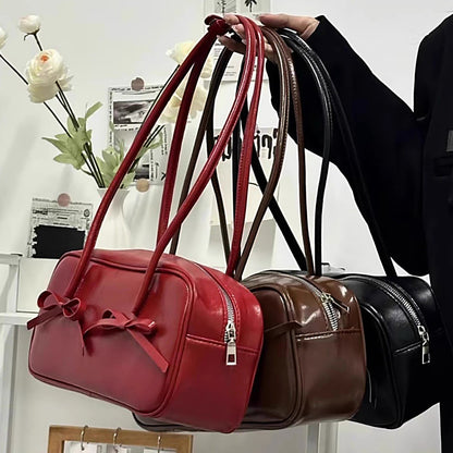 Black Chic PU Leather Baguette Shoulder Bag - Elegant Bow Accent Underarm Handbag for Women V888-ELOSUNG27654