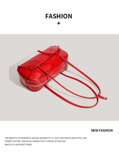 Black Chic PU Leather Baguette Shoulder Bag - Elegant Bow Accent Underarm Handbag for Women V888-ELOSUNG27654