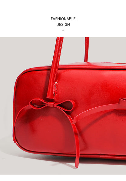 Black Chic PU Leather Baguette Shoulder Bag - Elegant Bow Accent Underarm Handbag for Women V888-ELOSUNG27654
