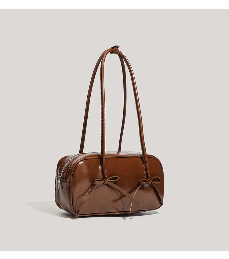 Coffee Chic PU Leather Baguette Shoulder Bag - Elegant Bow Accent Underarm Handbag for Women V888-ELOSUNG27655