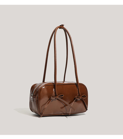 Coffee Chic PU Leather Baguette Shoulder Bag - Elegant Bow Accent Underarm Handbag for Women V888-ELOSUNG27655