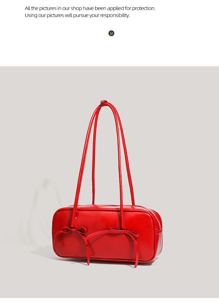 Coffee Chic PU Leather Baguette Shoulder Bag - Elegant Bow Accent Underarm Handbag for Women V888-ELOSUNG27655