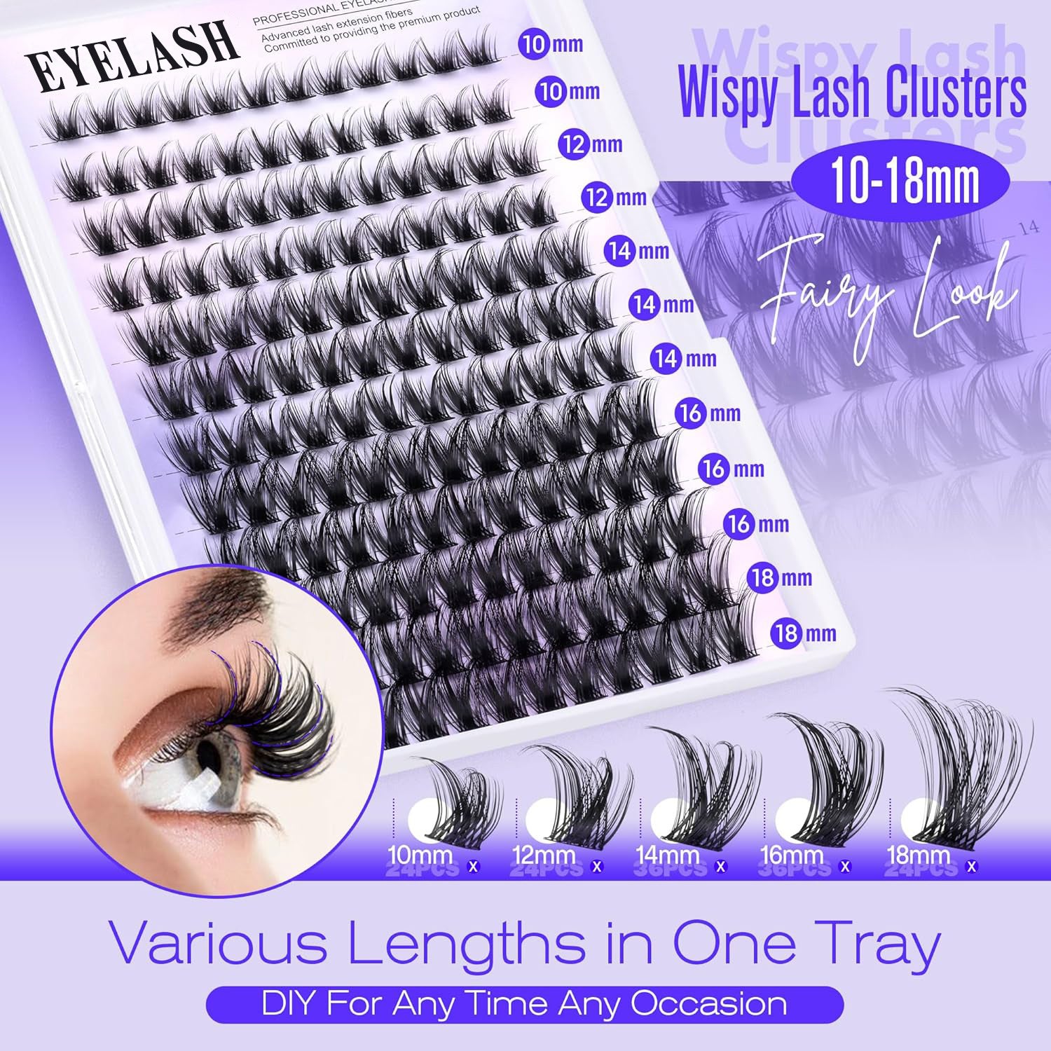 3 Pcs Black Stunning DIY Cluster Eyelash Extension Kit - 3 Trays, Mixed Lengths (10-18mm) Soft Vegan Wispy V888-ELOSUNG27661