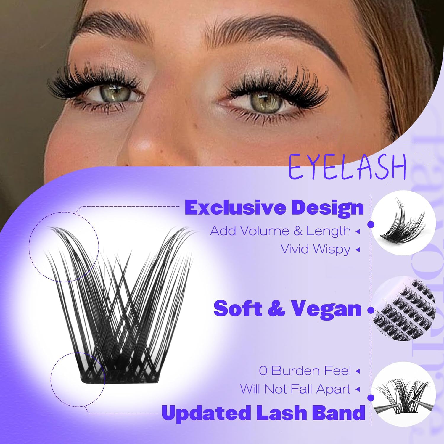 3 Pcs Black Stunning DIY Cluster Eyelash Extension Kit - 3 Trays, Mixed Lengths (10-18mm) Soft Vegan Wispy V888-ELOSUNG27661