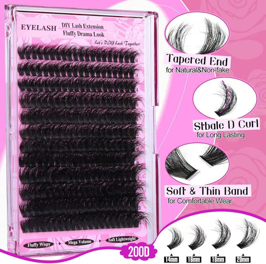 3 Pcs Black Mega Volume 200D DIY Lash Clusters - D Curl Faux Mink, Fluffy Drama Look, Mixed Lengths (14-20mm) V888-ELOSUNG27663