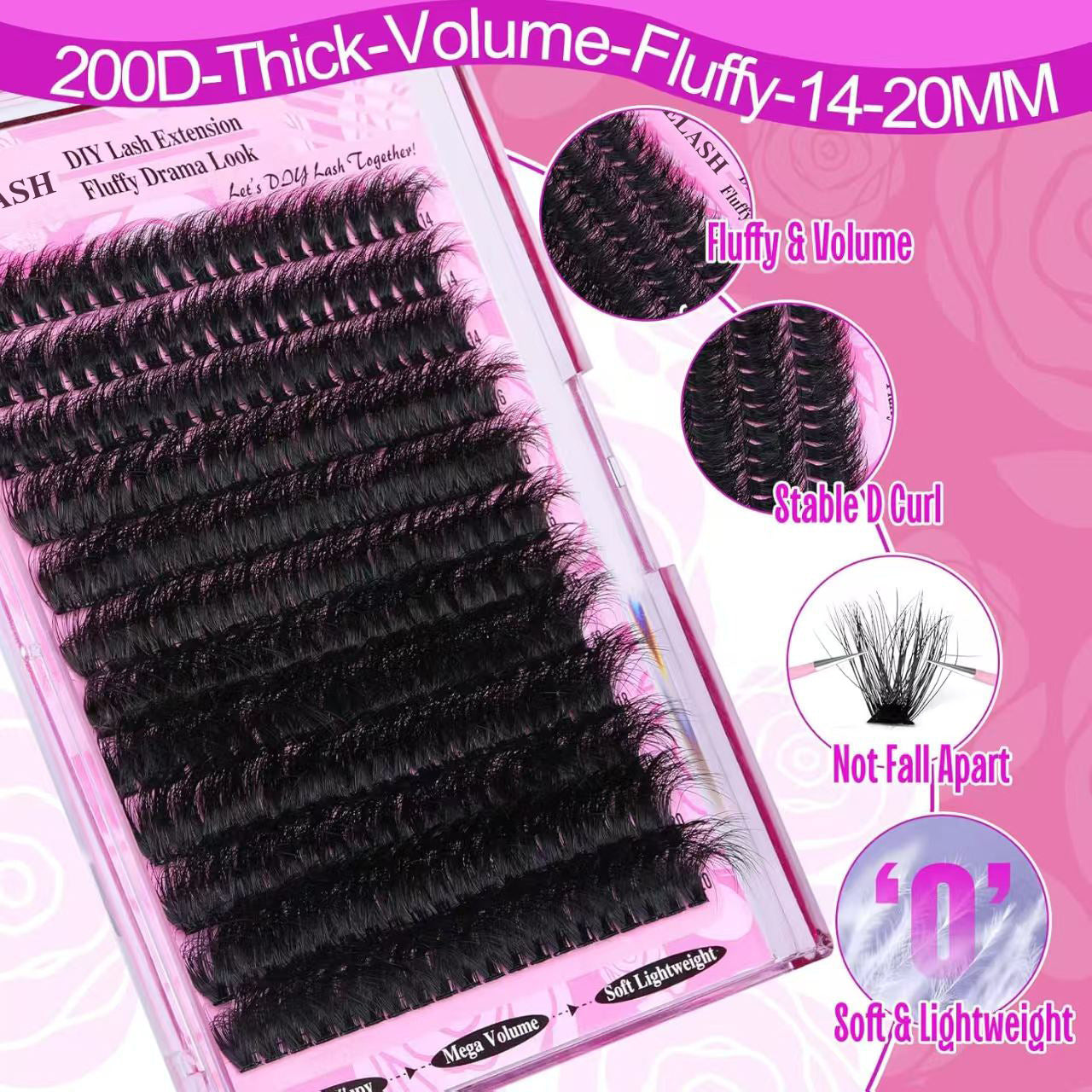 3 Pcs Black Mega Volume 200D DIY Lash Clusters - D Curl Faux Mink, Fluffy Drama Look, Mixed Lengths (14-20mm) V888-ELOSUNG27663