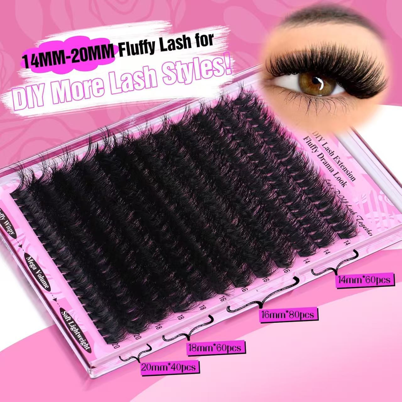 3 Pcs Black Mega Volume 200D DIY Lash Clusters - D Curl Faux Mink, Fluffy Drama Look, Mixed Lengths (14-20mm) V888-ELOSUNG27663