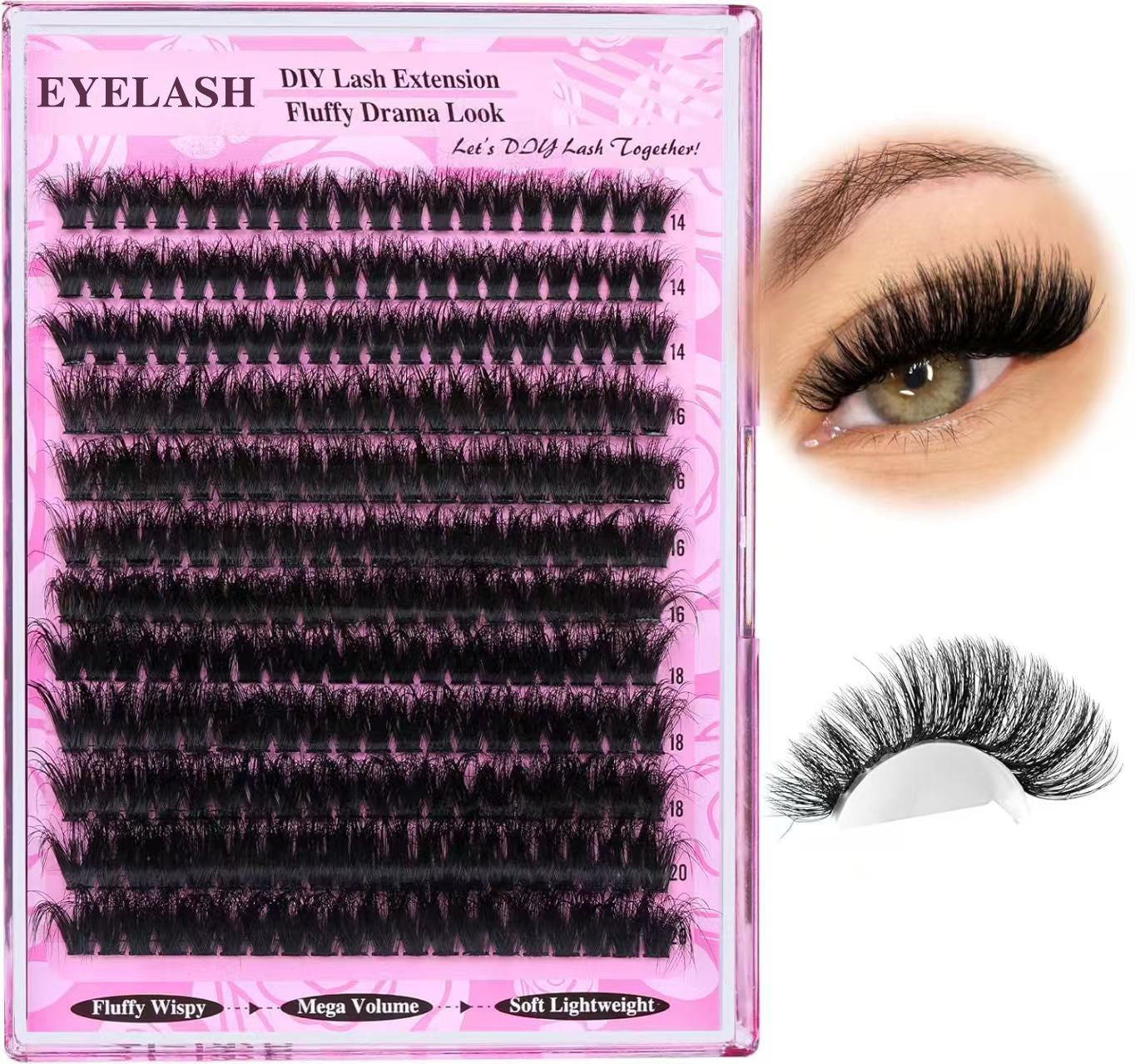 3 Pcs Black Mega Volume 200D DIY Lash Clusters - D Curl Faux Mink, Fluffy Drama Look, Mixed Lengths (14-20mm) V888-ELOSUNG27663