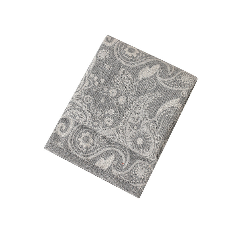 Grey Luxurious Paisley Jacquard Throw Blanket - Soft Wool Blend with Tassels, 120x150cm, Lightweight Sofa & V888-ELOSUNG27668