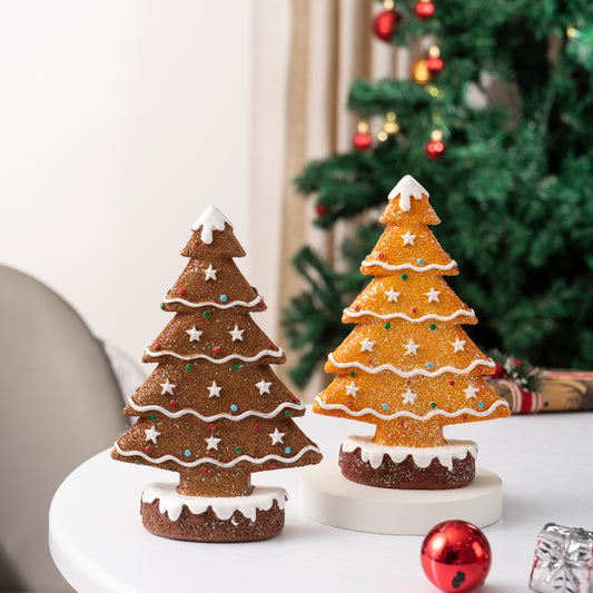 2 Pcs (1 Yellow + 1 Brown) Charming Gingerbread Christmas Tree Figurine - Festive Resin Holiday Table Decor V888-ELOSUNG27680