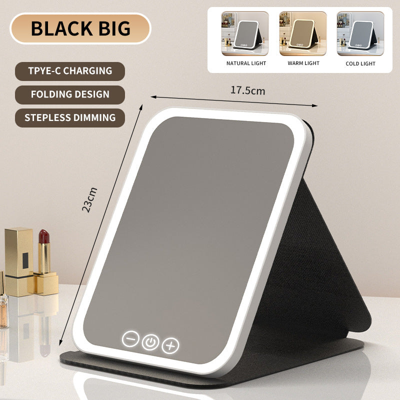 Black Large Foldable LED Makeup Mirror - Portable Desktop Vanity with 3 Color Lights, Stepless Dimming & V888-ELOSUNG27704
