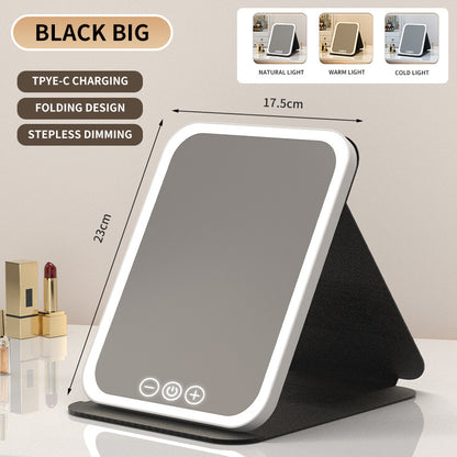 Black Large Foldable LED Makeup Mirror - Portable Desktop Vanity with 3 Color Lights, Stepless Dimming & V888-ELOSUNG27704