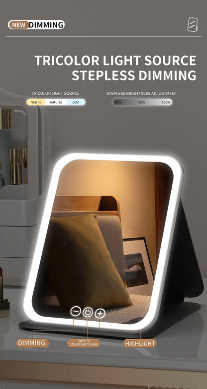 Black Large Foldable LED Makeup Mirror - Portable Desktop Vanity with 3 Color Lights, Stepless Dimming & V888-ELOSUNG27704