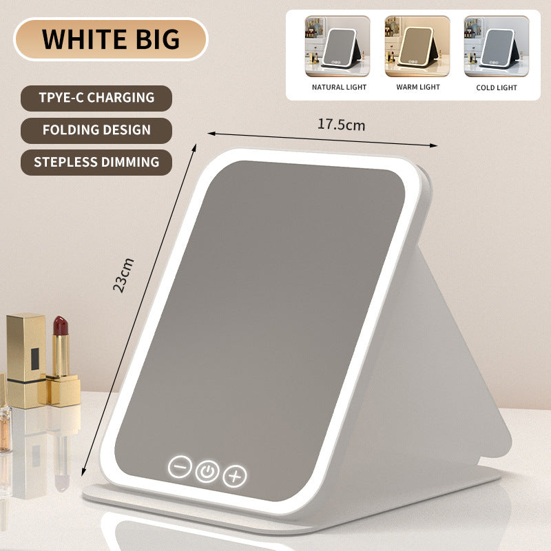 White Large Foldable LED Makeup Mirror - Portable Desktop Vanity with 3 Color Lights, Stepless Dimming & V888-ELOSUNG27705