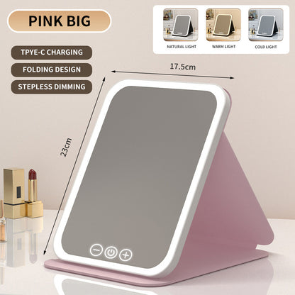 Pink Large Foldable LED Makeup Mirror - Portable Desktop Vanity with 3 Color Lights, Stepless Dimming & V888-ELOSUNG27706