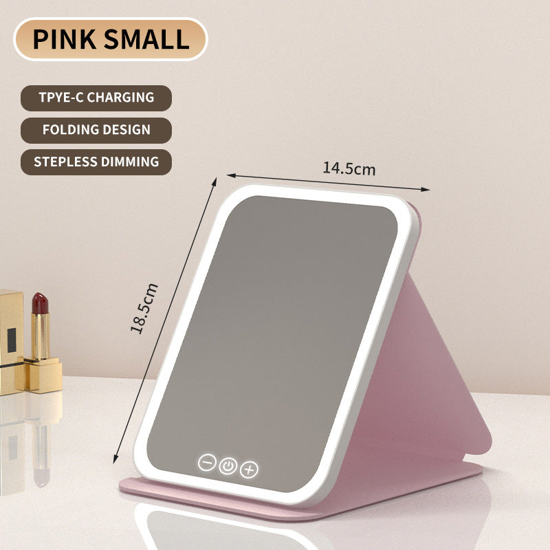 Pink Small Foldable LED Makeup Mirror - Portable Desktop Vanity with 3 Color Lights, Stepless Dimming & V888-ELOSUNG27707