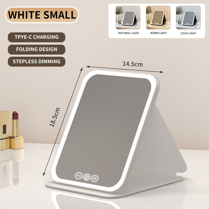 White Small Foldable LED Makeup Mirror - Portable Desktop Vanity with 3 Color Lights, Stepless Dimming & V888-ELOSUNG27708