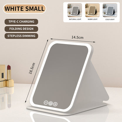 White Small Foldable LED Makeup Mirror - Portable Desktop Vanity with 3 Color Lights, Stepless Dimming & V888-ELOSUNG27708