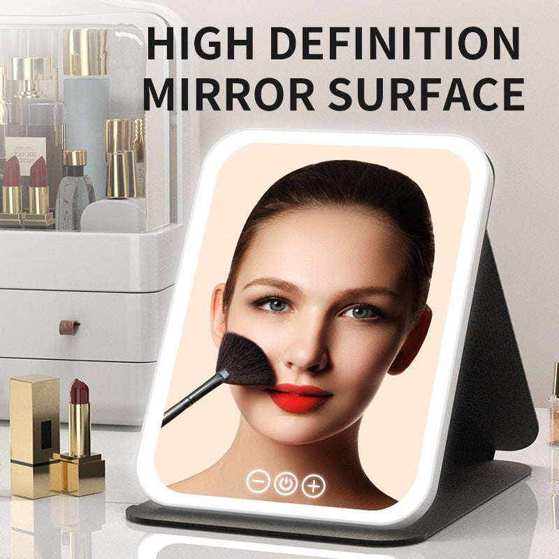 White Small Foldable LED Makeup Mirror - Portable Desktop Vanity with 3 Color Lights, Stepless Dimming & V888-ELOSUNG27708