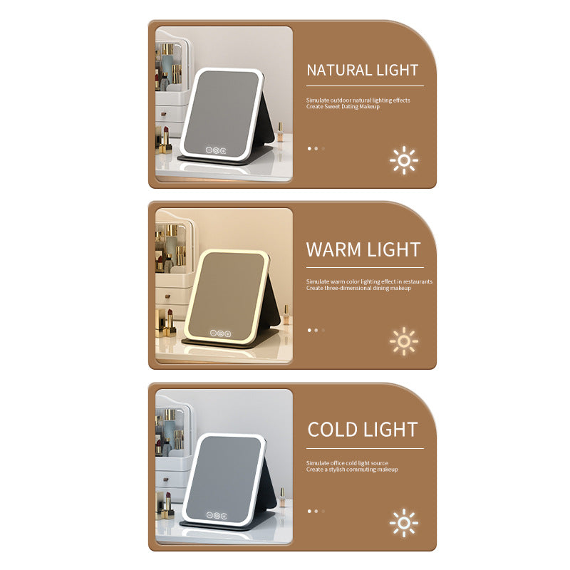 White Small Foldable LED Makeup Mirror - Portable Desktop Vanity with 3 Color Lights, Stepless Dimming & V888-ELOSUNG27708