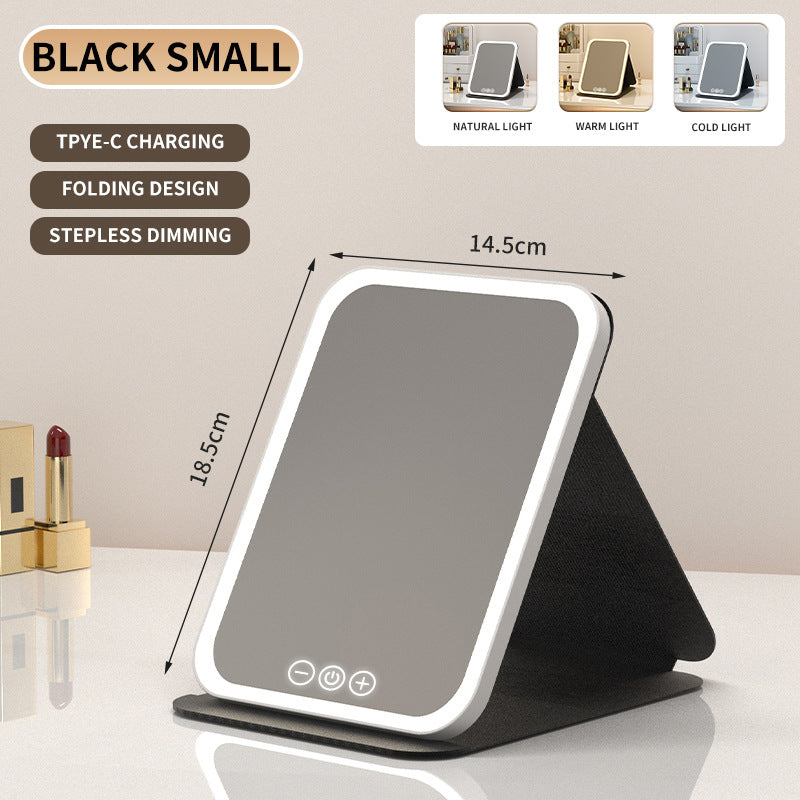 Black Small Foldable LED Makeup Mirror - Portable Desktop Vanity with 3 Color Lights, Stepless Dimming & V888-ELOSUNG27709