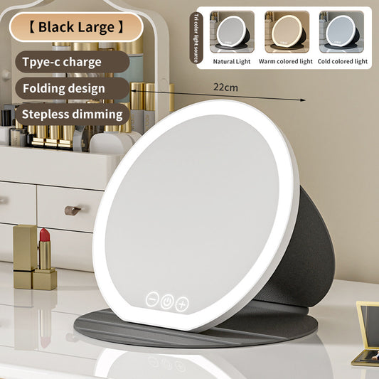 Black Large Round Foldable LED Makeup Mirror - 22cm Desktop Vanity with 3 Color Lights & Stepless Dimming V888-ELOSUNG27710