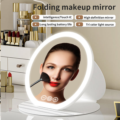 Black Large Round Foldable LED Makeup Mirror - 22cm Desktop Vanity with 3 Color Lights & Stepless Dimming V888-ELOSUNG27710