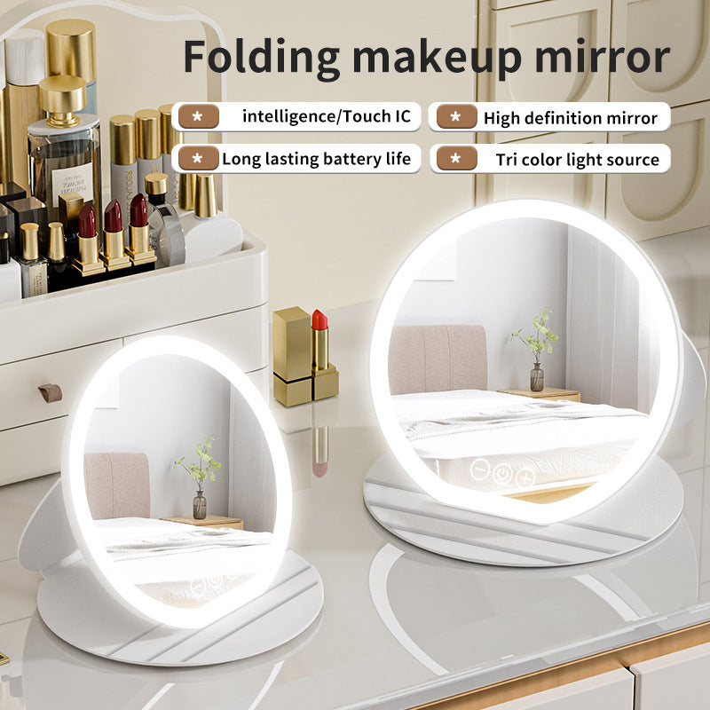 Black Large Round Foldable LED Makeup Mirror - 22cm Desktop Vanity with 3 Color Lights & Stepless Dimming V888-ELOSUNG27710