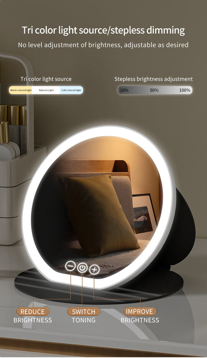Black Large Round Foldable LED Makeup Mirror - 22cm Desktop Vanity with 3 Color Lights & Stepless Dimming V888-ELOSUNG27710