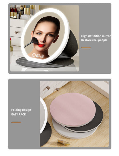 Black Large Round Foldable LED Makeup Mirror - 22cm Desktop Vanity with 3 Color Lights & Stepless Dimming V888-ELOSUNG27710