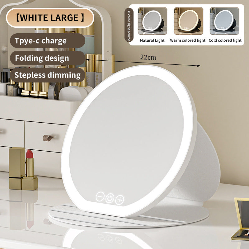 White Large Round Foldable LED Makeup Mirror - 22cm Desktop Vanity with 3 Color Lights & Stepless Dimming V888-ELOSUNG27711