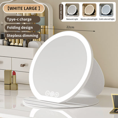 White Large Round Foldable LED Makeup Mirror - 22cm Desktop Vanity with 3 Color Lights & Stepless Dimming V888-ELOSUNG27711