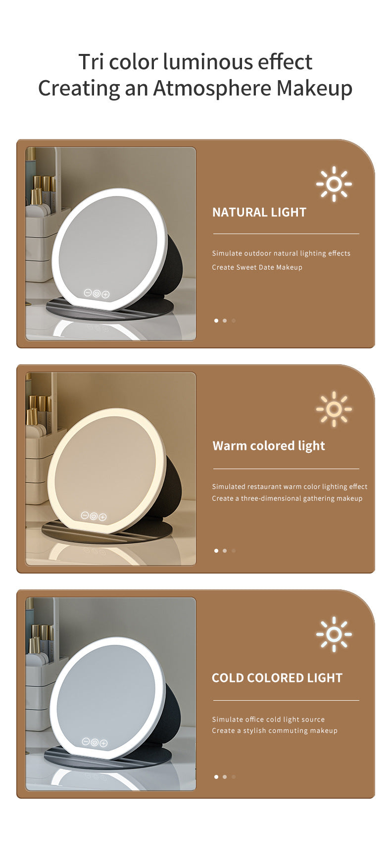 White Large Round Foldable LED Makeup Mirror - 22cm Desktop Vanity with 3 Color Lights & Stepless Dimming V888-ELOSUNG27711
