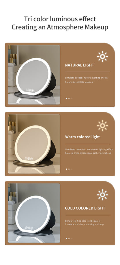 White Large Round Foldable LED Makeup Mirror - 22cm Desktop Vanity with 3 Color Lights & Stepless Dimming V888-ELOSUNG27711
