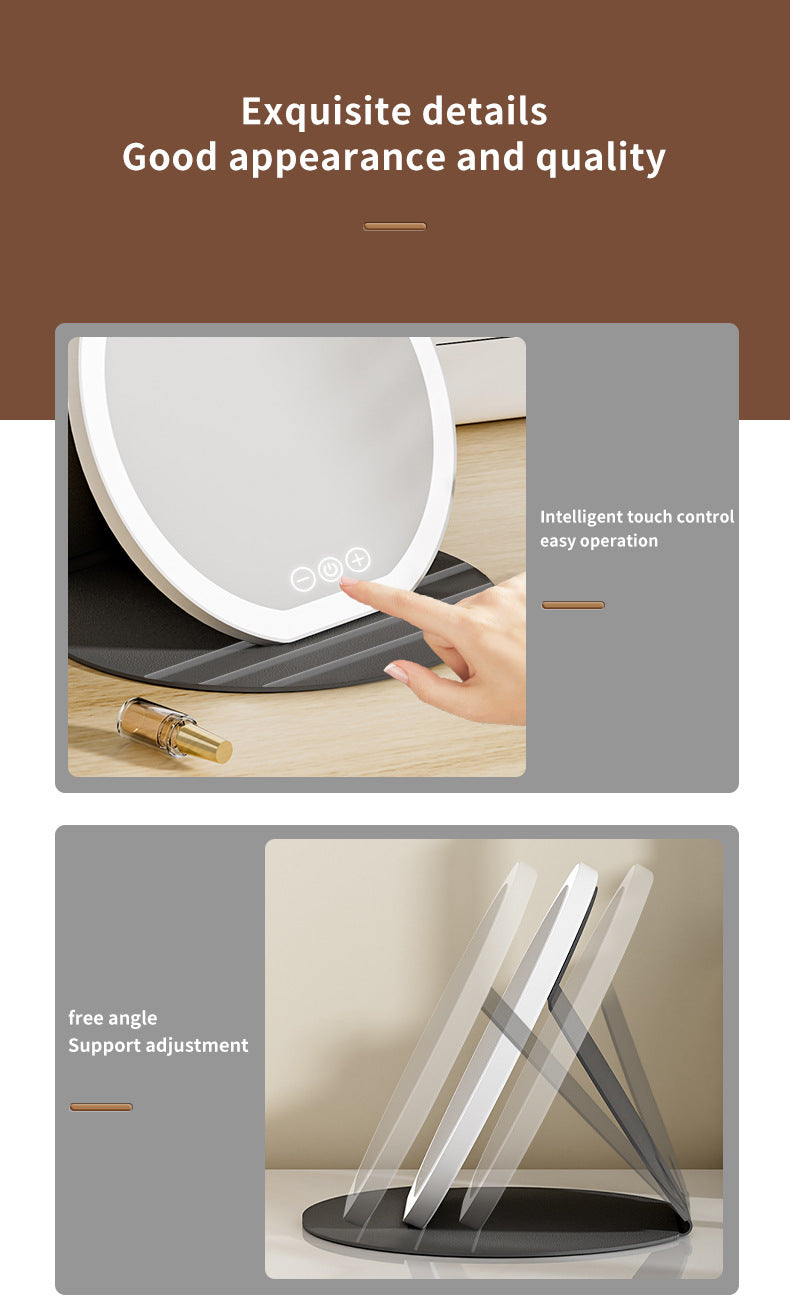 White Large Round Foldable LED Makeup Mirror - 22cm Desktop Vanity with 3 Color Lights & Stepless Dimming V888-ELOSUNG27711