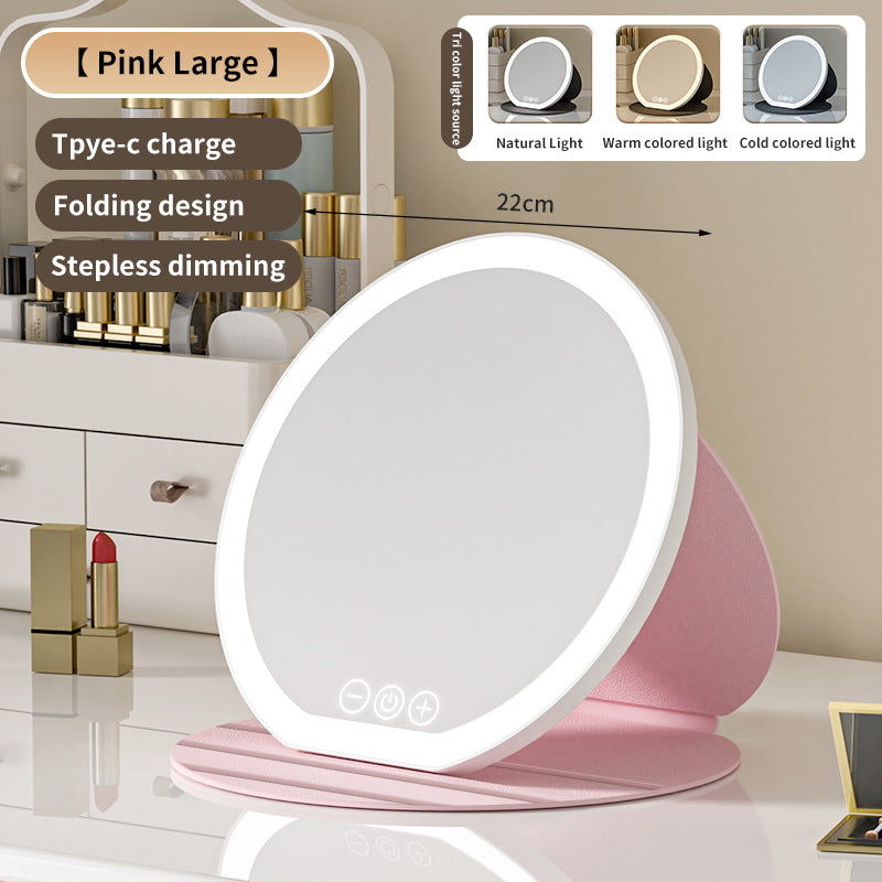 Pink Large Round Foldable LED Makeup Mirror - 22cm Desktop Vanity with 3 Color Lights & Stepless Dimming V888-ELOSUNG27712