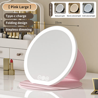 Pink Large Round Foldable LED Makeup Mirror - 22cm Desktop Vanity with 3 Color Lights & Stepless Dimming V888-ELOSUNG27712