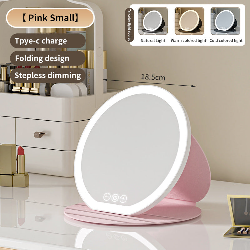 Pink Small Round Foldable LED Makeup Mirror - 18.5cm Desktop Vanity with 3 Color Lights & Stepless Dimming V888-ELOSUNG27713