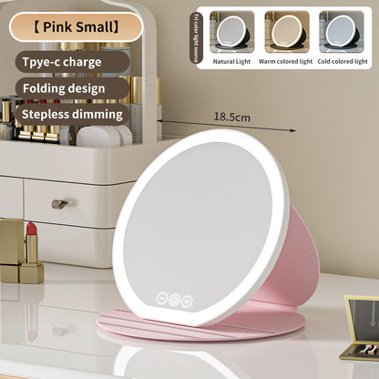 Pink Small Round Foldable LED Makeup Mirror - 18.5cm Desktop Vanity with 3 Color Lights & Stepless Dimming V888-ELOSUNG27713