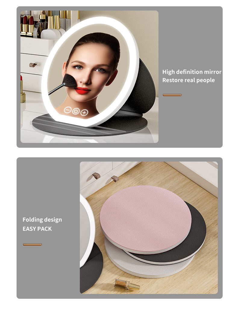 Pink Small Round Foldable LED Makeup Mirror - 18.5cm Desktop Vanity with 3 Color Lights & Stepless Dimming V888-ELOSUNG27713