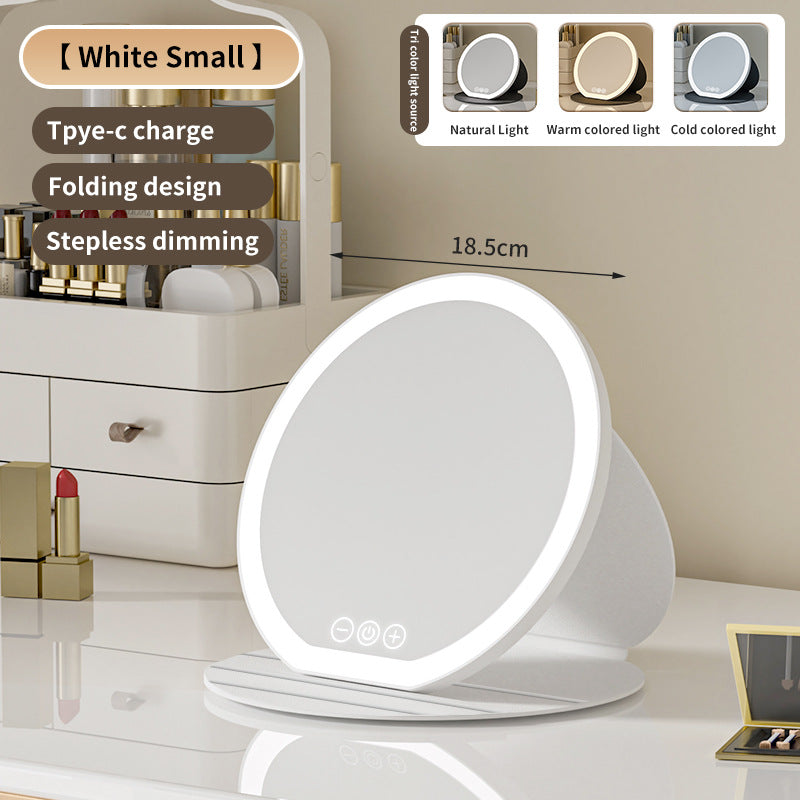 White Small Round Foldable LED Makeup Mirror - 18.5cm Desktop Vanity with 3 Color Lights & Stepless Dimming V888-ELOSUNG27714