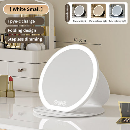 White Small Round Foldable LED Makeup Mirror - 18.5cm Desktop Vanity with 3 Color Lights & Stepless Dimming V888-ELOSUNG27714