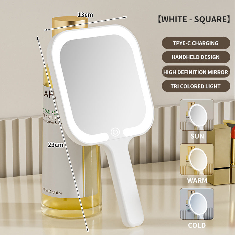 White Square Portable Handheld LED Makeup Mirror - USB-C Rechargeable with 3 Color Light Modes for On-The-Go V888-ELOSUNG27716
