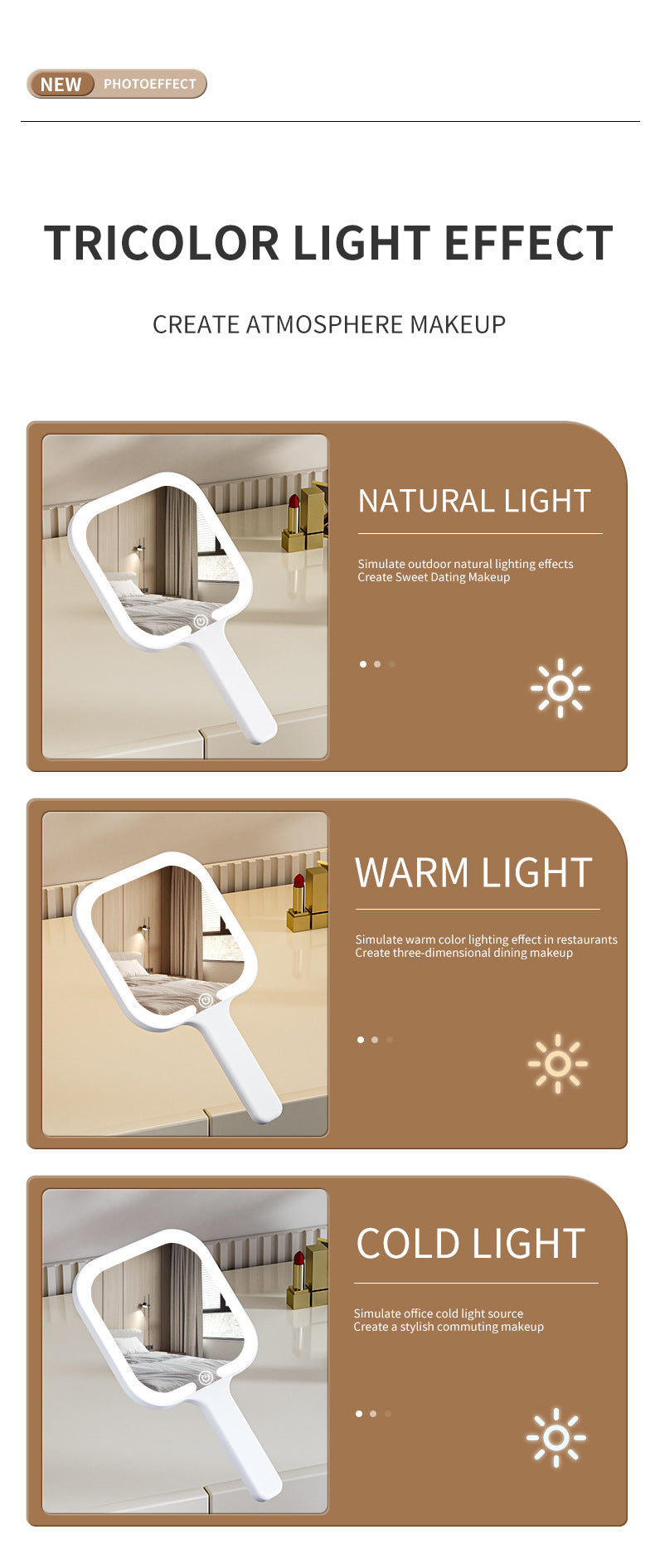 White Square Portable Handheld LED Makeup Mirror - USB-C Rechargeable with 3 Color Light Modes for On-The-Go V888-ELOSUNG27716