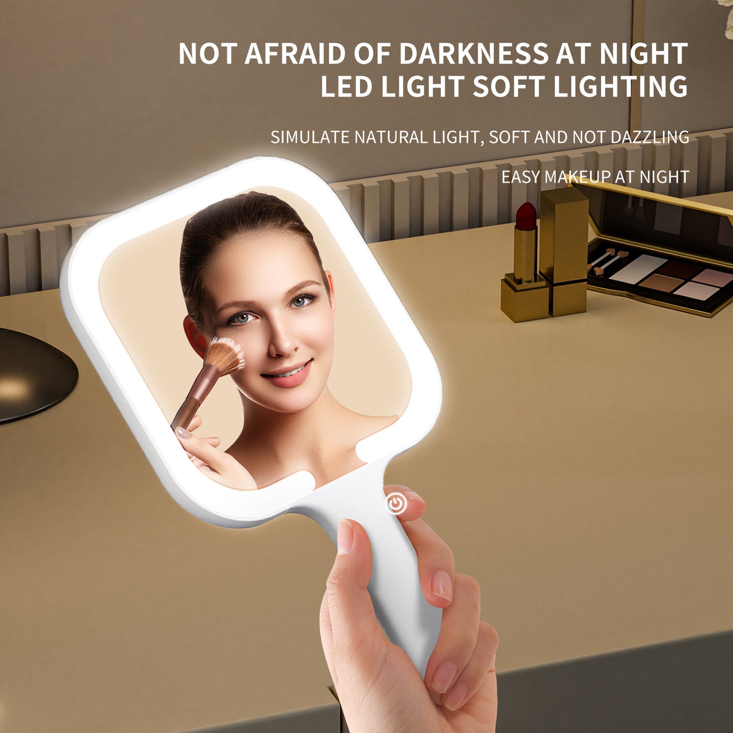 Light Yellow Square Portable Handheld LED Makeup Mirror - USB-C Rechargeable with 3 Color Light Modes for V888-ELOSUNG27717