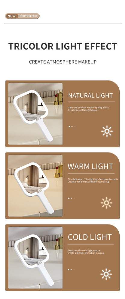 Light Yellow Square Portable Handheld LED Makeup Mirror - USB-C Rechargeable with 3 Color Light Modes for V888-ELOSUNG27717
