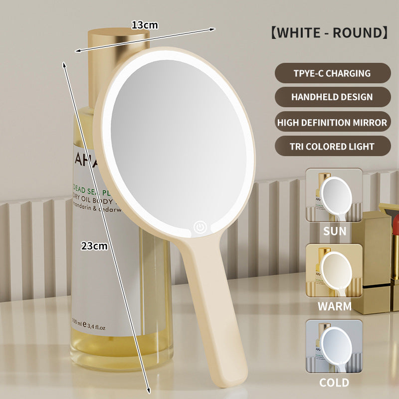 Light Yellow Round Portable Handheld LED Makeup Mirror - USB-C Rechargeable with 3 Color Light Modes for V888-ELOSUNG27718