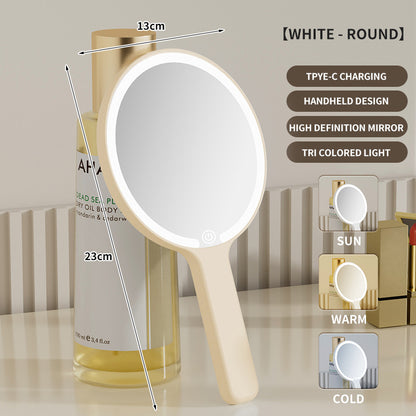 Light Yellow Round Portable Handheld LED Makeup Mirror - USB-C Rechargeable with 3 Color Light Modes for V888-ELOSUNG27718