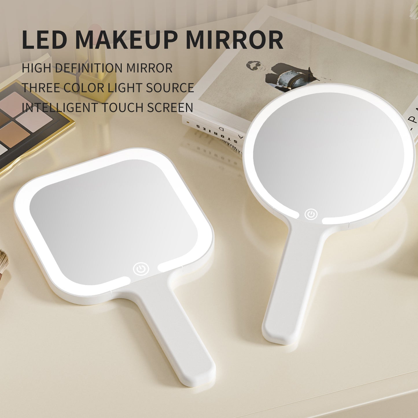 Light Yellow Round Portable Handheld LED Makeup Mirror - USB-C Rechargeable with 3 Color Light Modes for V888-ELOSUNG27718